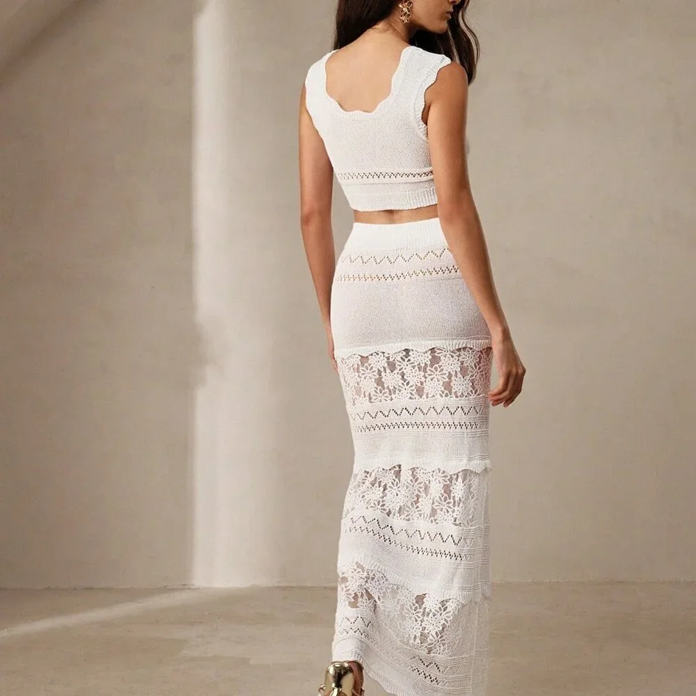 White Casual Women's Sexy Lace Hollow Out Splice Camisole & Skirt Set